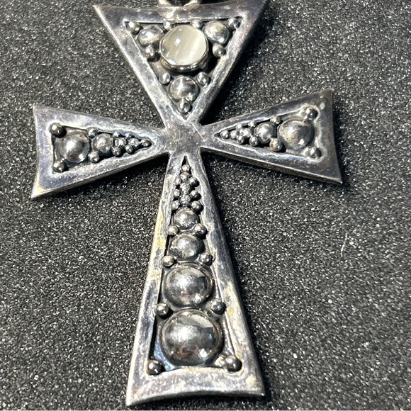 VTG Sterling Silver BA BALI SUARTI Cats Eye Pebbled Cross Necklace Pendant - Picture 6 of 7